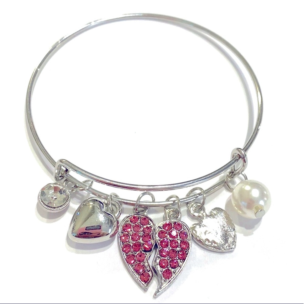 Broken Heart Charm Bracelet Silver Tone Pink Rhinestone Hearts Charms